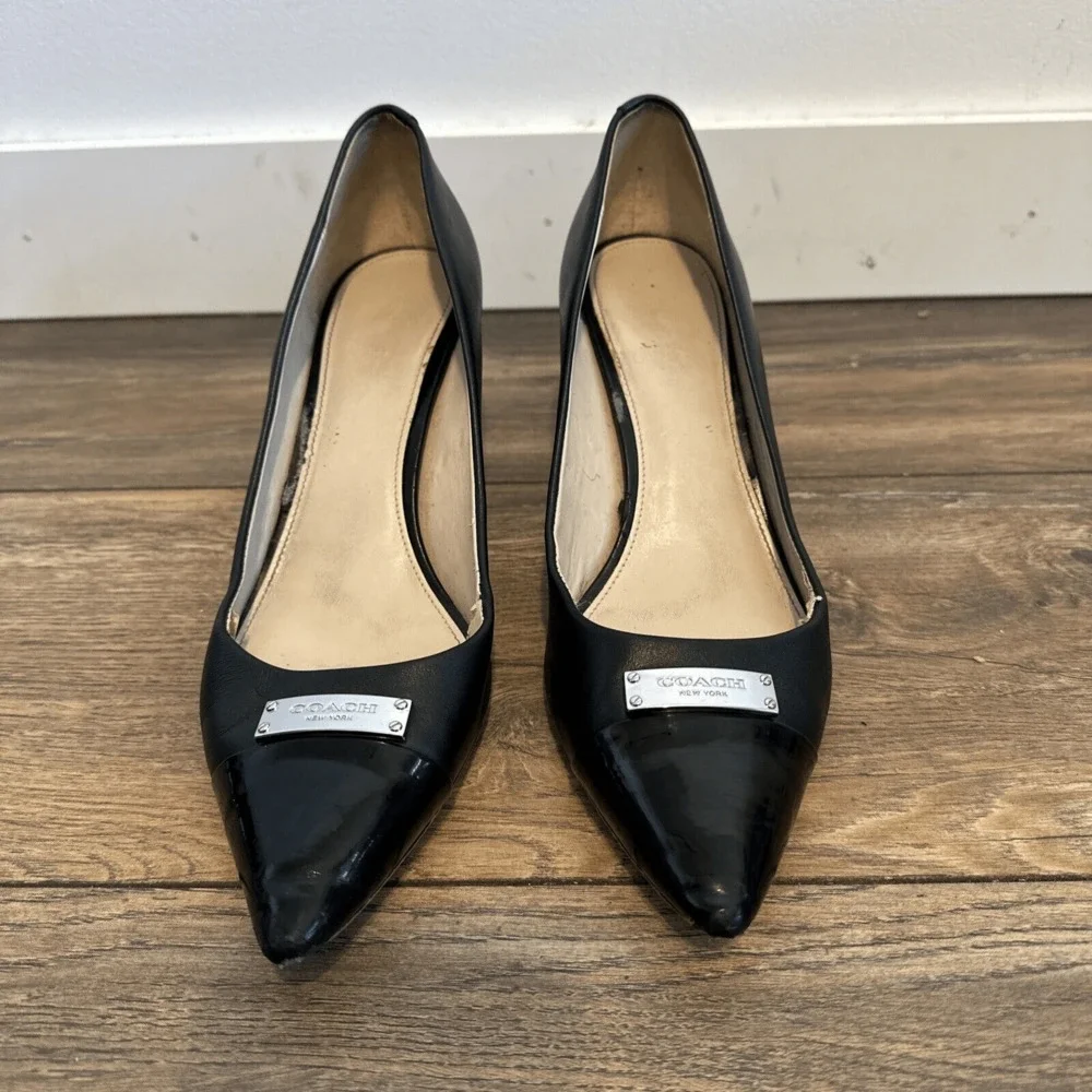 COACH vintage Black leather upper shell slip on pump shoes 9.5 B damaged‎